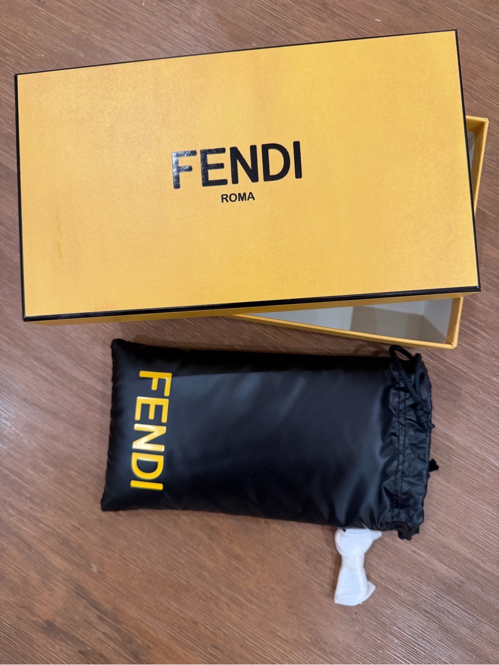 Fendi Black Drawstring Sunglasses Pouch and Box with Yellow Logo